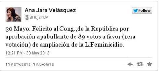 Tuit de la ministra Ana Jara saludando aprobación de modificatoria / Foto: Captura de pantalla Twitter