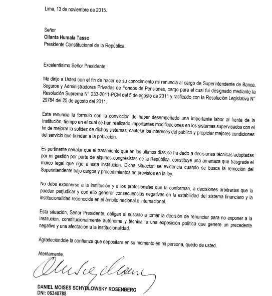 Carta de renuncia de Schydlowski a la SBS / Foto: Martín Hidalgo
