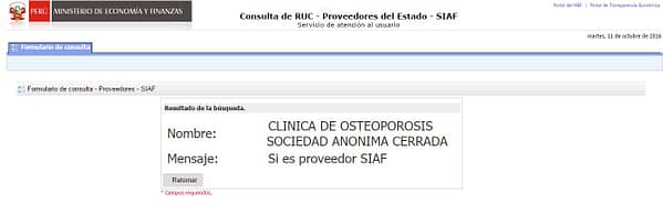 Clínica Osteoporosis y su registro de proveedor en el SIAF (Haga click para agrandar) / Foto: Pantallazo web MEF