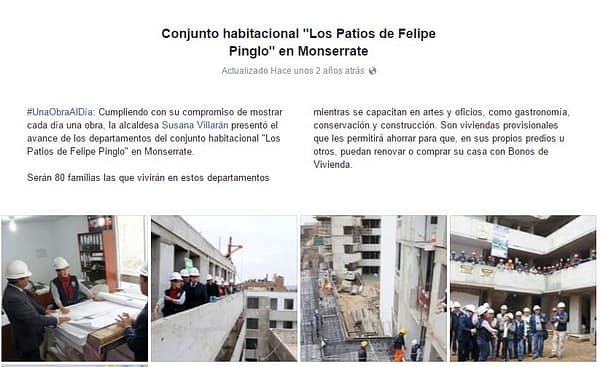 Publicación del facebook de la Municipalidad del año 2014, donde se reitera el carácter temporal de la obra / Foto: Facebook MML