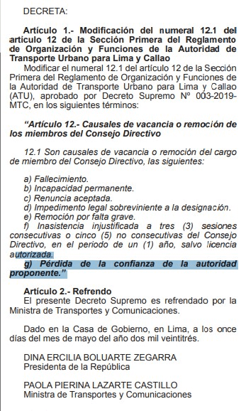 Modificación del reglamento de la Autoridad de Transporte Urbano de Lima y Callao (ATU)