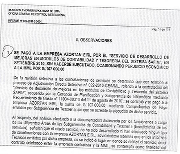 Parte del informe de la OCI sobre las irregularidades cometidas con la empresa Azortán / Foto: Revista Poder